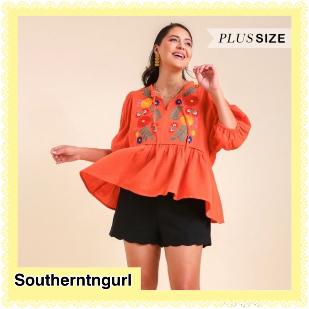 NWT UMGEE Floral Embroidered Oversized Babydoll Top/ Blouse